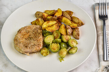 boneless pork chop with rosted brussel sprouts