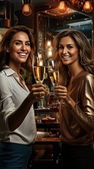 Two happy women toasting and celebrating at night in a bar