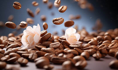Closeup shot of fresh coffee beans on blurry spring background. Falling beans, pink sakura petals,...