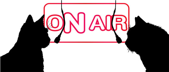 Silhouettes of 2 cats in front of boom microphones with a neon air sign behind them