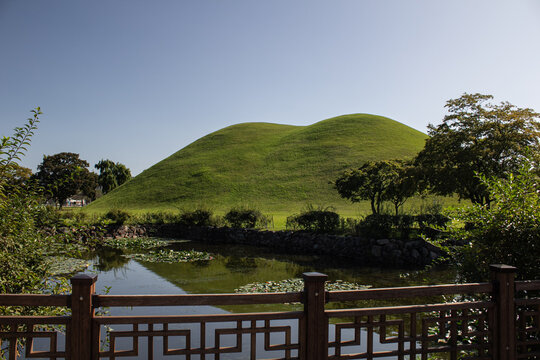 Daereungwon Tomb Complex in Gyeongju, South Korea, showcasing lush greenery, royal mounds, a reflective pond with lily pads, under a clear blue sky