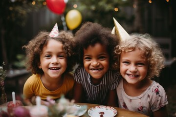 Small diverse children celebrating birthday in home backyard - obrazy, fototapety, plakaty