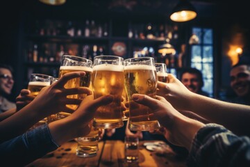 Hands toasting with beer in pub or bar - obrazy, fototapety, plakaty