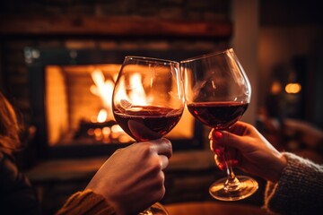 Hands toasting with wine in cozy home interior