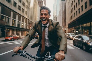 Young businessman riding a bicycle in the city street - obrazy, fototapety, plakaty