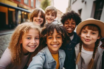 Fototapeta premium Portrait of diverse children taking selfie outside
