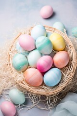 Fototapeta na wymiar Pastel colors easter eggs in the woven basket