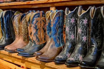 Cowboy boot on the shelf. American-style boots from ostrich and buffalo leather. Cowboy boot on the shelf. Shelves full of new cowboy boots. Aligned cowboys boots on a shelf in a store. - Powered by Adobe