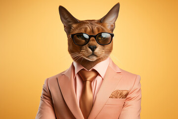 Caracal cat in orange business suit on dark yellow background
