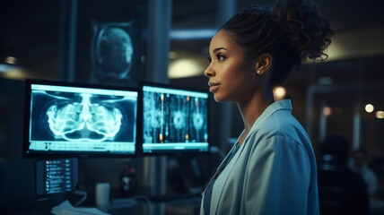 A medical professional looks at a x ray image on monitor. doctor looking at mri x rays. Healthcare and medical technology. 