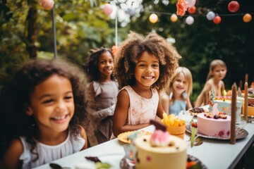 Small diverse children celebrating birthday in home backyard
