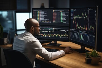 Financial Analyst Monitoring Data on Computer Screens