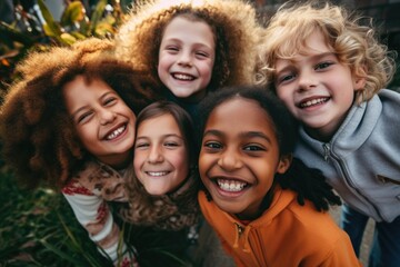 Obraz premium Portrait of diverse children taking selfie outside