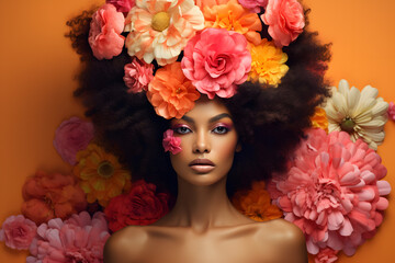 African Woman with  head covered with flowers. Mental health, psychological treatment concept. 