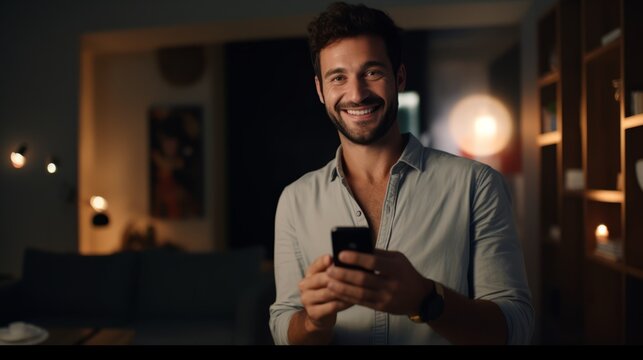 Young Man Sitting In Cafe With Phone In Hand