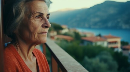 Fototapeta na wymiar Old woman on the balcony of a Mediterranean-style house