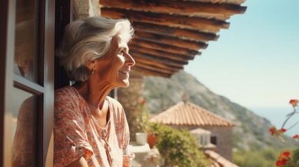 Old woman on the balcony of a Mediterranean-style house - obrazy, fototapety, plakaty