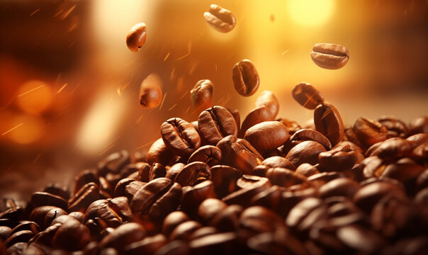 Falling coffee beans with a dynamic burst effect and warm lighting. Backdrop for cafe, breakfast menu. Copy space