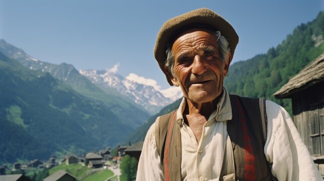 Old man in a village with lush mountain view