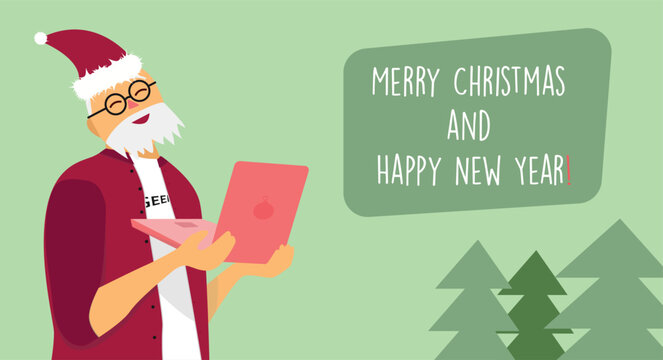 Christmas posctard in flat cartoon style. Male 
weared Santa cotume holding notebook 