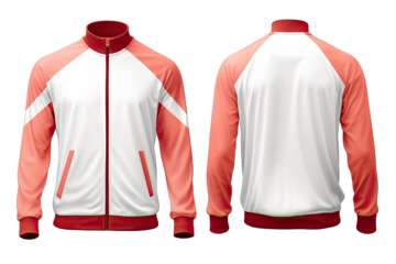 Front And Back View Luxury White And Salmon Red Track jacket On Transparent Background