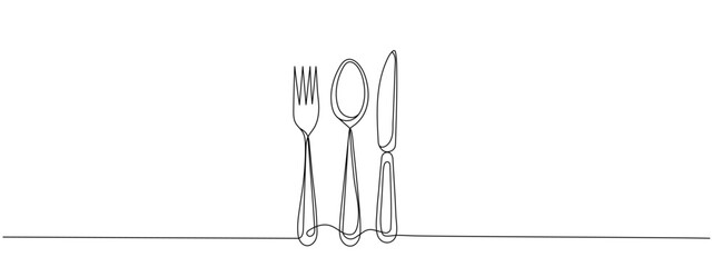 Continuous one line drawing. restaurant logo. knife, fork and spoon. Drawing by hand on a sign or business cards in a cafe. Black and white vector illustration.