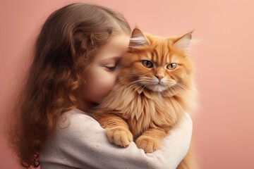 Long haired beautiful caucasian little girl hugging fluffy ginger cat on peach colored background.