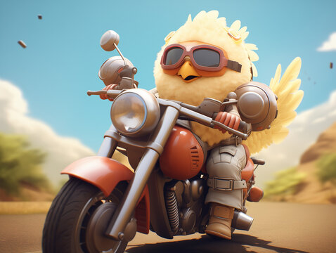 A Cute 3D Chicken Riding a Motorcycle