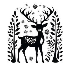 Hand drawn reindeer silhouette black and white graphic illustration isolated on transparent background	
