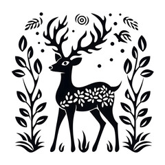 Hand drawn reindeer silhouette black and white graphic illustration isolated on transparent background	
