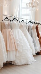 Various wedding dresses in the wedding salon, preparation for the wedding