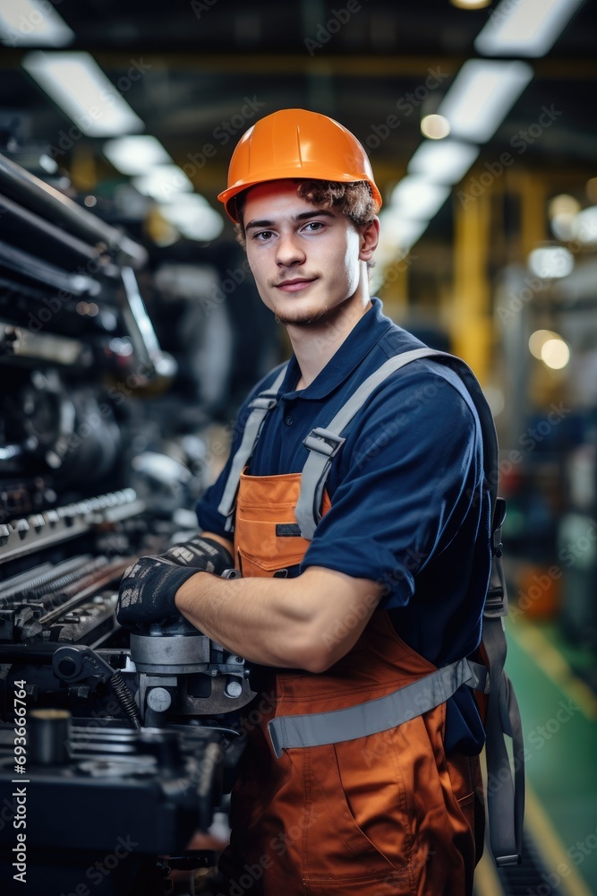 Wall mural technician man industrial worker operator of machine, factory