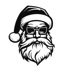 Hand drawn Santa Claus portrait black and white graphic illustration isolated on transparent background