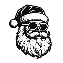 Hand drawn Santa Claus portrait black and white graphic illustration isolated on transparent background
