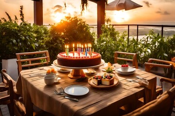 birthday celebration in resort at sunset
