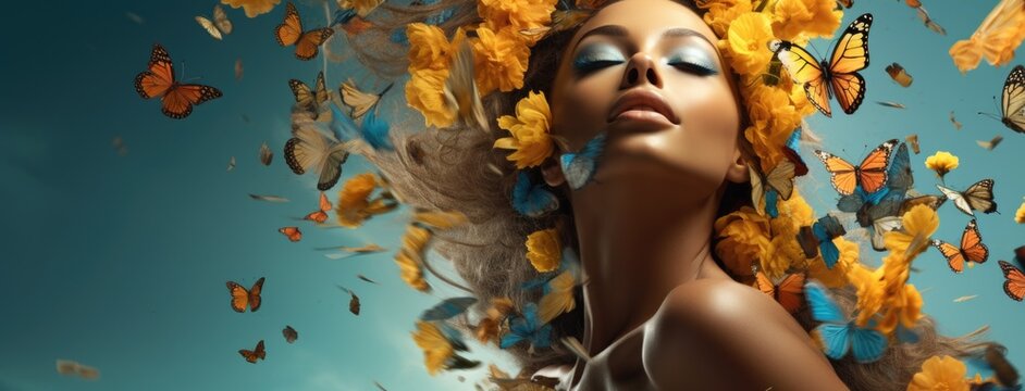 Beautiful woman surrounds many butterfly