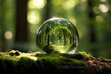 Earth Day. Green Globe in Mossy Forest with Soft Sunlight and Serene Environment - obrazy, fototapety, plakaty