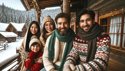 Lodge deck family gathering, surrounded by snow-covered forest - obrazy, fototapety, plakaty
