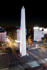Aerial view at night of the famous Obelisk of Buenos Aires, Argentina. As a city that never sleeps,...