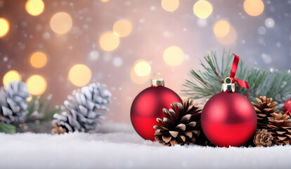 Golden christmas background with shiny red balls and pine cones.