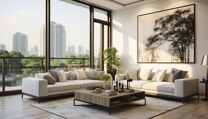 Contemporary living room interior with black tone colors and artwork adorning the wall