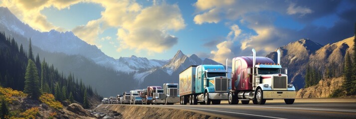 Automotive cargo transportation, close-up truck rides in a mountainous area among rocks, banner - obrazy, fototapety, plakaty