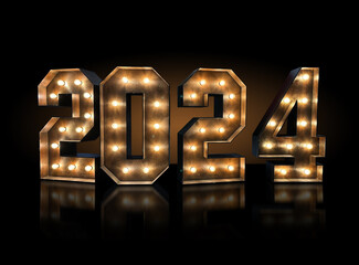 Happy new year 2024 golden digits with glowing bulbs