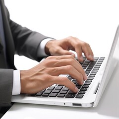 Fototapeta na wymiar Focused Businessman Enhances Productivity, Typing on Laptop Keyboard in Modern Office Environment.
