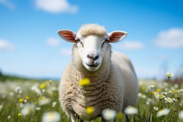 Fototapeta premium Curious White Sheep Poses for the Camera on a Sunlit Green Meadow on a Beautiful Summer Day
