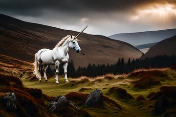 In the Scottish Highlands, a unicorn stands watch over a glen