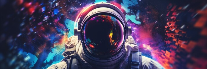 An astronaut in a spacesuit in outer space, bright multi-colored stars and universes on the background, banner - obrazy, fototapety, plakaty