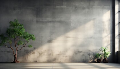 Minimalist empty room interior with textured concrete wall, high quality 3d render in 16k resolution