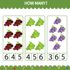 Vector education game for children counting how many cartoon fruits grapes