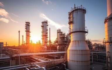 Fototapeta premium Close up Industrial view at oil refinery plant form industry zone with sunrise and cloudy sky